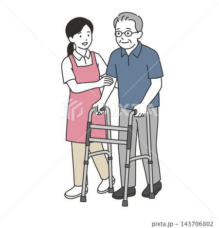 歩行器を使うシニア男性に付き添い安全に歩行介助を行う女性介護士のイラスト 歩行器を使うシニア男性に付き添い安全に歩行介助を行う女性介護士のイラスト 143706802