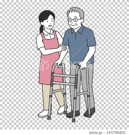 歩行器を使うシニア男性に付き添い安全に歩行介助を行う女性介護士のイラスト 歩行器を使うシニア男性に付き添い安全に歩行介助を行う女性介護士のイラスト 143706802