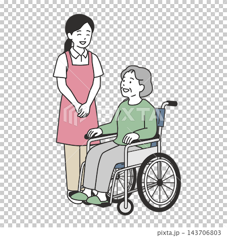 An illustration of a female caregiver gently smiling and chatting with a senior woman in a wheelchair. An illustration of a female caregiver gently smiling and chatting with a senior woman in a wheelchair. 143706803