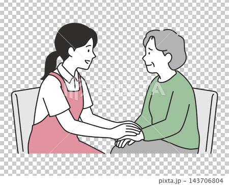 An illustration of a female caregiver gently comforting an anxious senior woman, holding her hand in her arms. An illustration of a female caregiver gently comforting an anxious senior woman, holding her hand in her arms. 143706804
