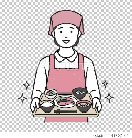 插圖描繪了一位微笑的廚房工作人員在餐廳為客人提供日式套餐。 143707164