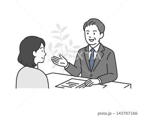 デスク越しに穏やかに面談や相談対応を行うスーツ姿の男性相談員のイラスト デスク越しに穏やかに面談や相談対応を行うスーツ姿の男性相談員のイラスト 143707166