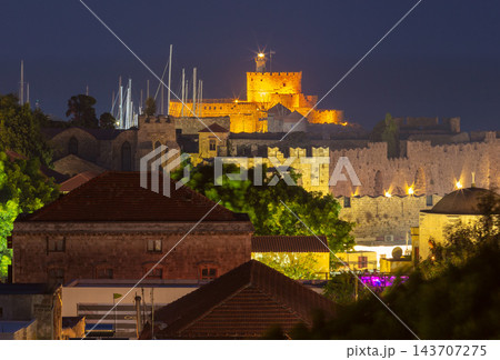 Illuminated Medieval Fortifications of Rhodes Old Town at Night, Greece Illuminated Medieval Fortifications of Rhodes Old Town at Night, Greece 143707275