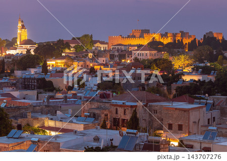 Illuminated Medieval Fortifications and Rhodes Old Town at Twilight, Greece Illuminated Medieval Fortifications and Rhodes Old Town at Twilight, Greece 143707276