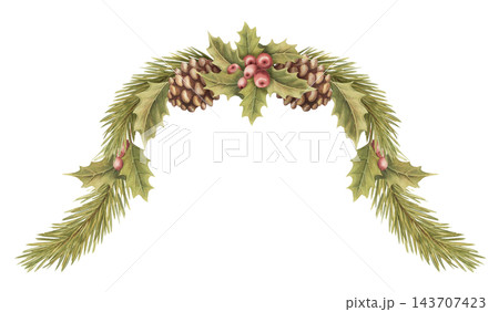 Watercolor christmas curvy border with pine branch and holly berry. Vintage winter art shows realistic red berry and cone detail. Natural christmas card design. Traditional graphic for holiday print. 143707423