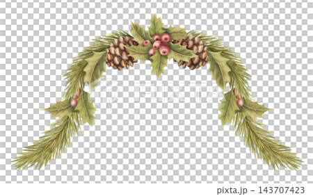 Watercolor christmas curvy border with pine branch and holly berry. Vintage winter art shows realistic red berry and cone detail. Natural christmas card design. Traditional graphic for holiday print. Watercolor christmas curvy border with pine branch and holly berry. Vintage winter art shows realistic red berry and cone detail. Natural christmas card design. Traditional graphic for holiday print. 143707423