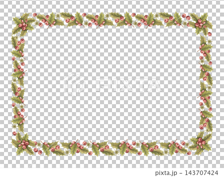 Watercolor holly frame with red berries and green leaf. Vintage Christmas border surrounds a blank background. Use for postcard and invitation design. Seasonal graphic art suits card and packaging. Watercolor holly frame with red berries and green leaf. Vintage Christmas border surrounds a blank background. Use for postcard and invitation design. Seasonal graphic art suits card and packaging. 143707424