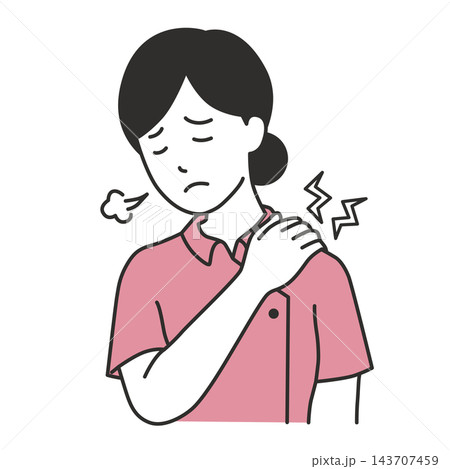 ため息をつき肩に手を当てて肩こりに悩む女性看護師のイラスト 143707459