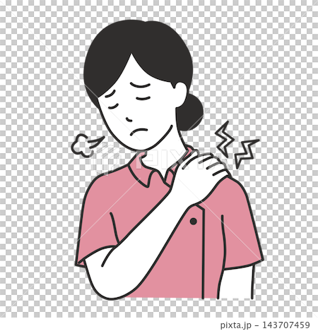 ため息をつき肩に手を当てて肩こりに悩む女性看護師のイラスト 143707459