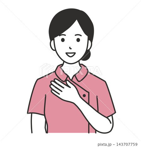 胸に手を当てて笑顔で安心やお任せを伝える女性看護師のイラスト 143707759