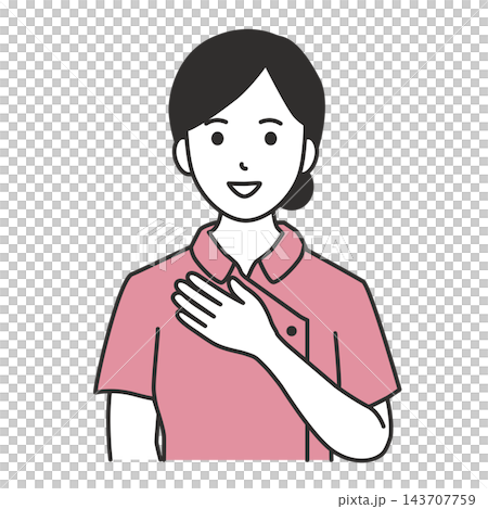 胸に手を当てて笑顔で安心やお任せを伝える女性看護師のイラスト 143707759