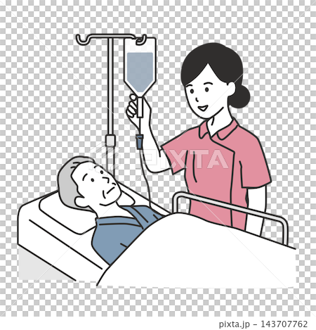 An illustration of a female nurse checking and managing the IV drip of an elderly male patient who is hospitalized. 143707762