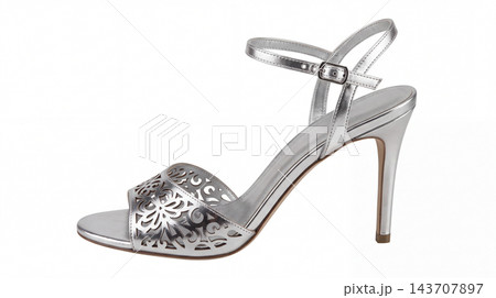 Silver metallic laser cut high heel sandal with ankle strap 143707897