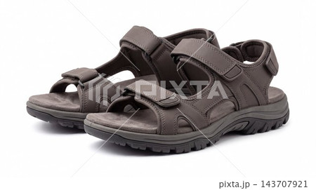 Pair of brown outdoor trekking sandals with adjustable straps 143707921