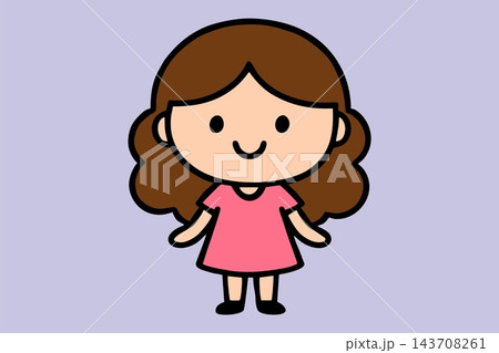 Cute Chibi Girl with Curly Brown Hair in Pink Dress Vector Illustration 143708261