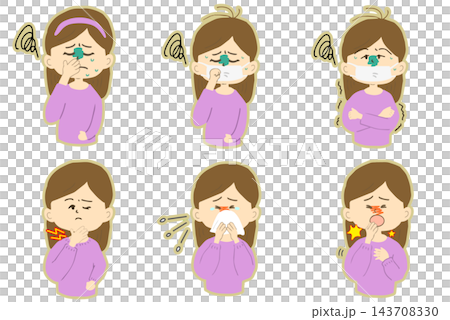 A set of bordered illustrations of women suffering from colds and other ailments (stuffy nose, cough, chills, sore throat). A set of bordered illustrations of women suffering from colds and other ailments (stuffy nose, cough, chills, sore throat). 143708330