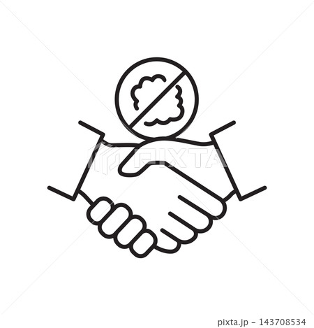Line icon showing a handshake with a stop symbol representing medical collaboration against cancer. 143708534