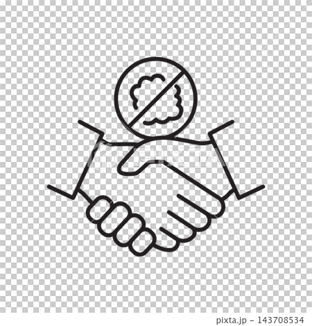 Line icon showing a handshake with a stop symbol representing medical collaboration against cancer. 143708534