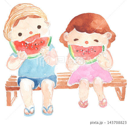 スイカを食べる子どもの水彩イラスト スイカを食べる子どもの水彩イラスト 143708823