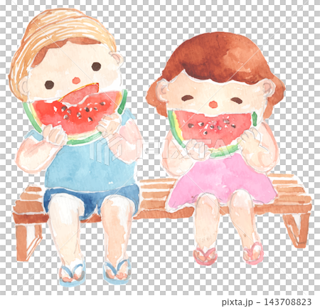 水彩插畫，描繪了一個孩子吃西瓜的場景 143708823