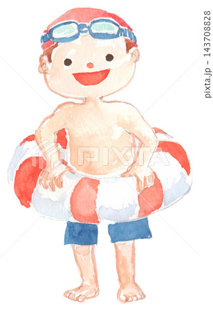 水着姿で浮き輪を持つ男の子の水彩イラスト 143708828