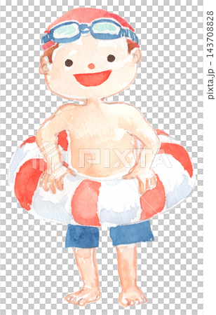 水着姿で浮き輪を持つ男の子の水彩イラスト 143708828