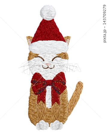 【リボンをつけた茶白の猫のサンタクロース】手刺繍イラスト素材 【リボンをつけた茶白の猫のサンタクロース】手刺繍イラスト素材 143709279