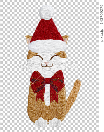 【リボンをつけた茶白の猫のサンタクロース】手刺繍イラスト素材 【リボンをつけた茶白の猫のサンタクロース】手刺繍イラスト素材 143709279