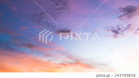 Sky sunset evening background sunrise dusk cloud dramatic orange twilight red warm sunny dawn sunshine romantic calm nature, cloudscape summer autumn spring scene, environment ecosystem energy. 143709658
