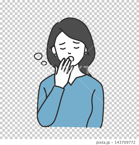 An illustration of a woman in her 30s covering her mouth with her hand and yawning, struggling with sleepiness. An illustration of a woman in her 30s covering her mouth with her hand and yawning, struggling with sleepiness. 143709772