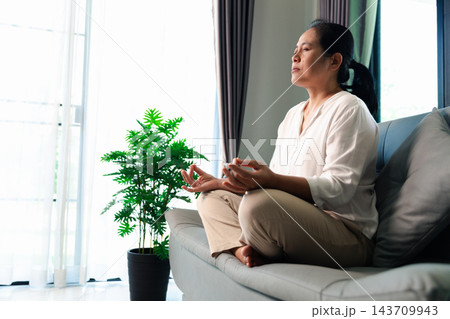 A woman sits cross-legged on a gray sofa with both hands forming meditation-style gestures, beside a leafy potted plant and bright window, leaving open space on the left for wellness messaging. 143709943