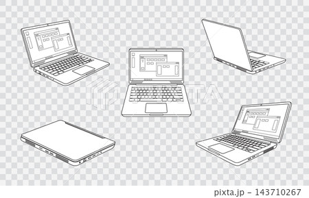Modern isometric laptop outline vector icon with editable stroke. Minimal line art illustration isolated on white and gray grid background. Perfect for web, mobile apps, UI, technology, business. Modern isometric laptop outline vector icon with editable stroke. Minimal line art illustration isolated on white and gray grid background. Perfect for web, mobile apps, UI, technology, business. 143710267