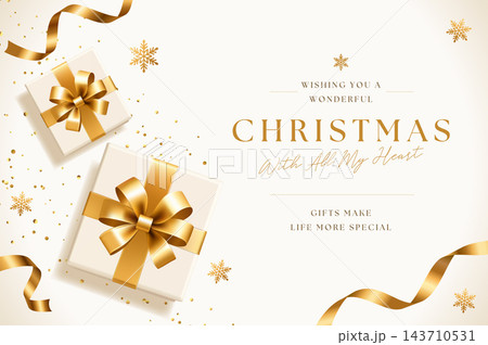 白いプレゼント箱と金の雪の結晶が輝く高級感あるクリスマスカード背景イラスト 143710531