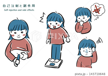 糖尿病治療薬などの自己注射をする女性と副作用のイラスト 糖尿病治療薬などの自己注射をする女性と副作用のイラスト 143710648