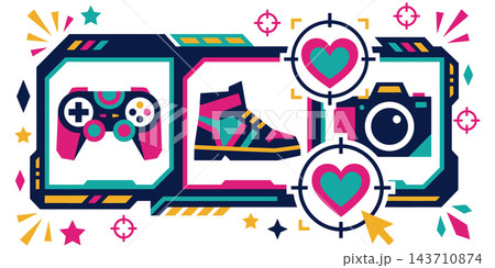 Vibrant cyber monday shopping concept featuring digital icons of gaming controllers boots and cameras for online retail sales Vibrant cyber monday shopping concept featuring digital icons of gaming controllers boots and cameras for online retail sales 143710874