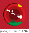 Merry Christmas and Happy New Year Concept Winter landscape in red circle decorated with Christmas tree, moon, reindeer and Santa Claus. Paper art vector illustration. 143711282