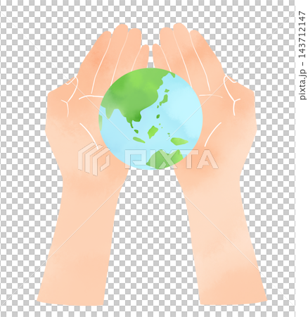 Watercolor-style illustration of a hand holding the Earth from a top-down perspective. 143712147