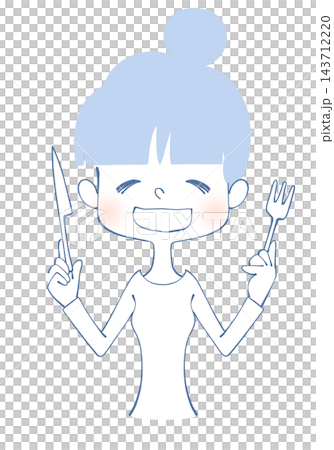 Illustration of a woman holding a knife and fork Illustration of a woman holding a knife and fork 143712220