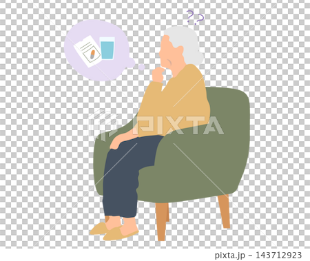 An illustration of an elderly woman struggling with forgetting to take her medication. 143712923