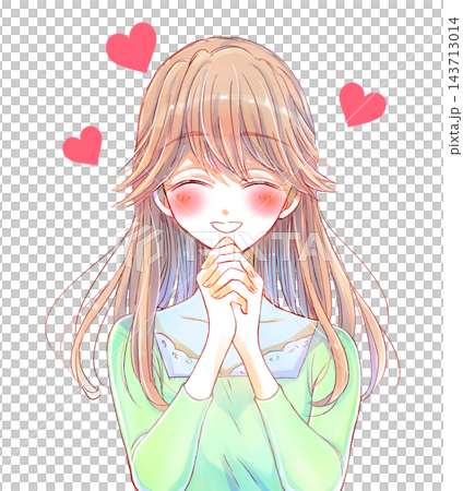 A woman with a gentle demeanor, hands clasped together, love, smiling, heart symbol A woman with a gentle demeanor, hands clasped together, love, smiling, heart symbol 143713014