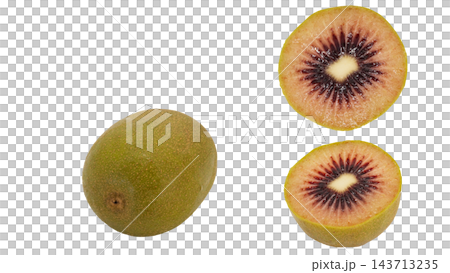 Whole and cut cross-section of a red kiwi, macro photography with transparent background. Whole and cut cross-section of a red kiwi, macro photography with transparent background. 143713235