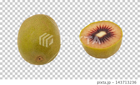 Whole and cut cross-section of a red kiwi, macro photography with transparent background. 143713236