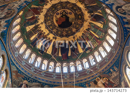 Ornate interior dome frescoes and chandelier in Orthodox Cathedral Sibiu 143714273