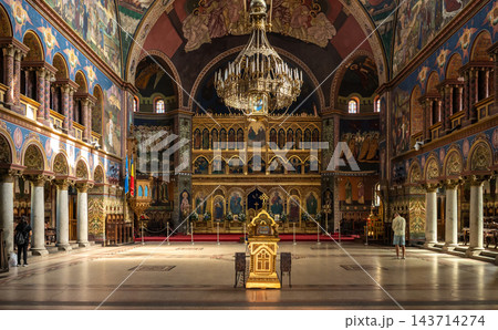 Ornate interior dome frescoes and chandelier in Orthodox Cathedral Sibiu 143714274