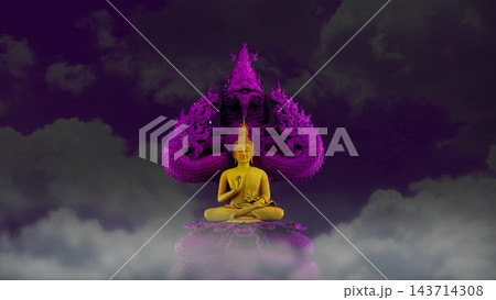 gold buddha protected by the hood of the dark magenta mythical king naga with night sky gray cloud 143714308
