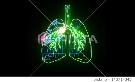 global and particle green hydrogen flying inside lung green digital animation and blood vessel with pink energy 143714346
