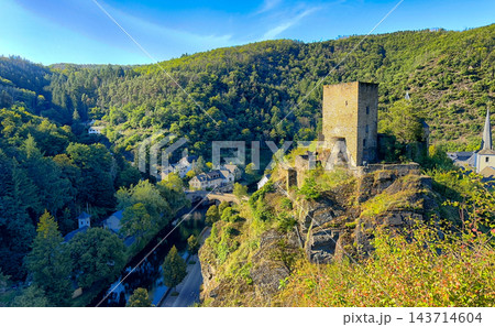 Beautiful historic building surrounded by lush greenery 143714604