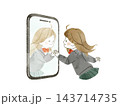 スマートフォンに映る自分と手を合わせて向き合う女子生徒-水彩 スマートフォンに映る自分と手を合わせて向き合う女子生徒-水彩 143714735