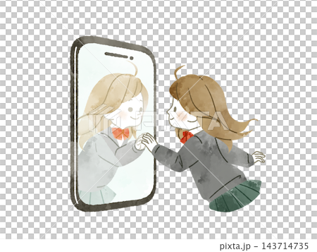 A female student faces her reflection on her smartphone, hands clasped together - watercolor. A female student faces her reflection on her smartphone, hands clasped together - watercolor. 143714735
