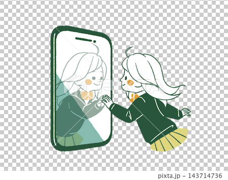 A female student faces her reflection on her smartphone, hands clasped together - 4 colors 143714736